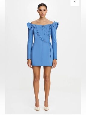 Acler Blue Off-Shoulder Mini Dress with Floral Appliqué